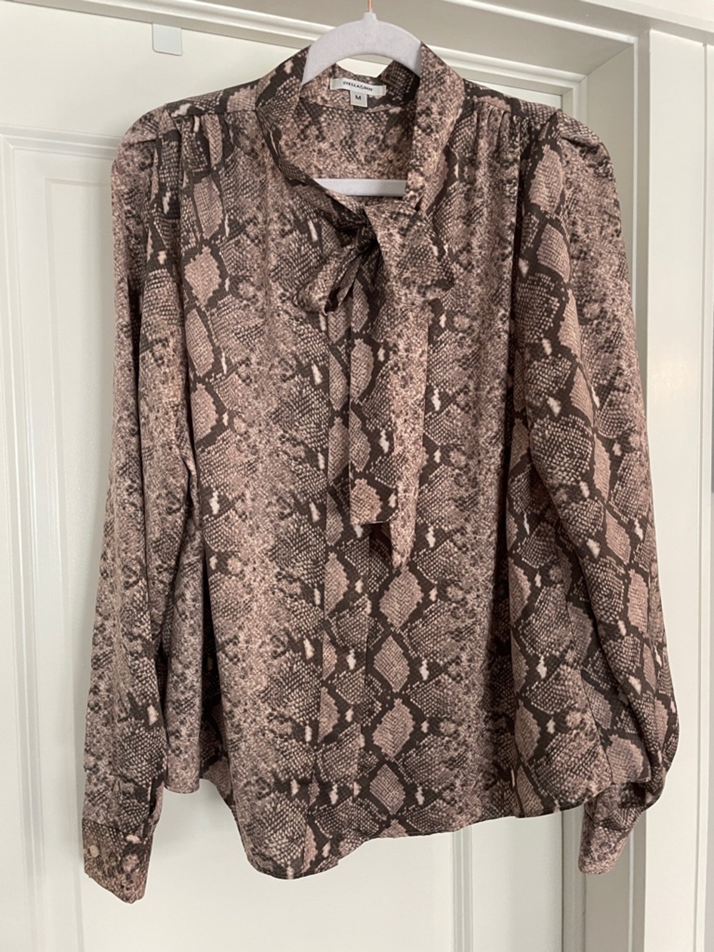 Stella & Dot Taupe and Brown Snake-Print Tie-Neck Blouse - Picture 7 of 16